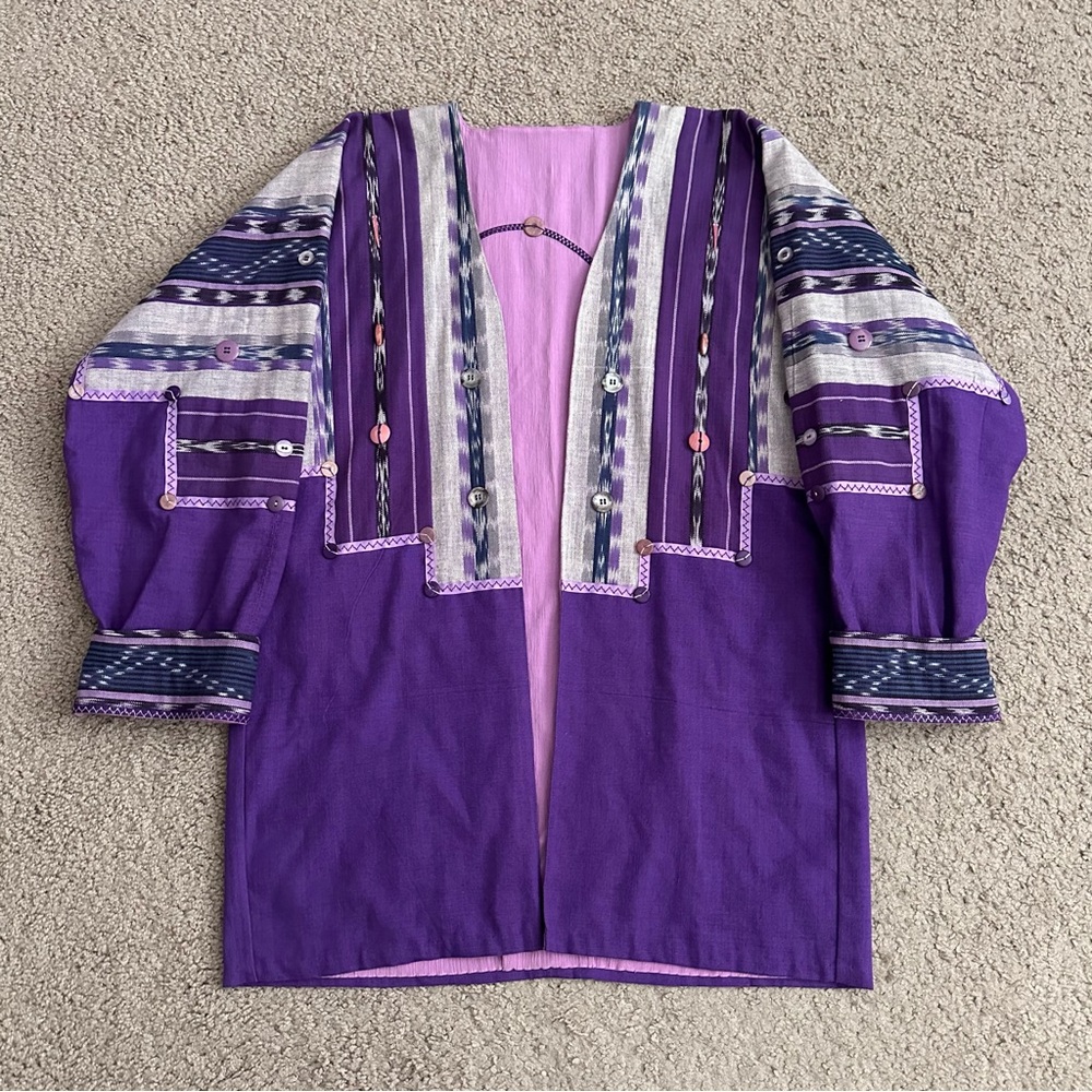 Purple Ikat Reversible Buttoned Open Front Cardigan Jacket